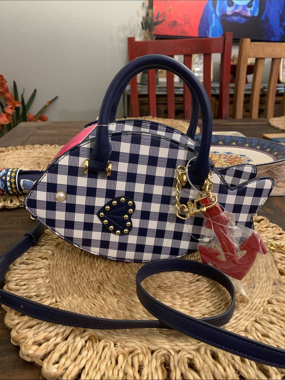 Betsey Johnson Fish Navy Gingham Heart Accent Crossbody Bag with Anchor charm